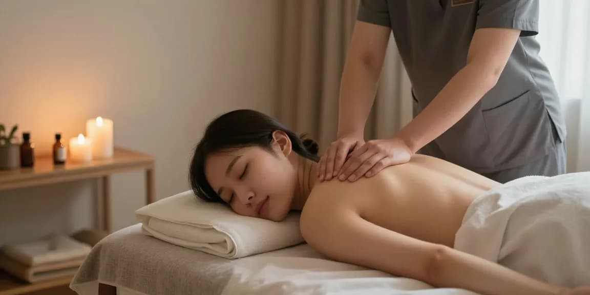 안양출장마사지 in a soothing home massage environment with calming candles and relaxing music.