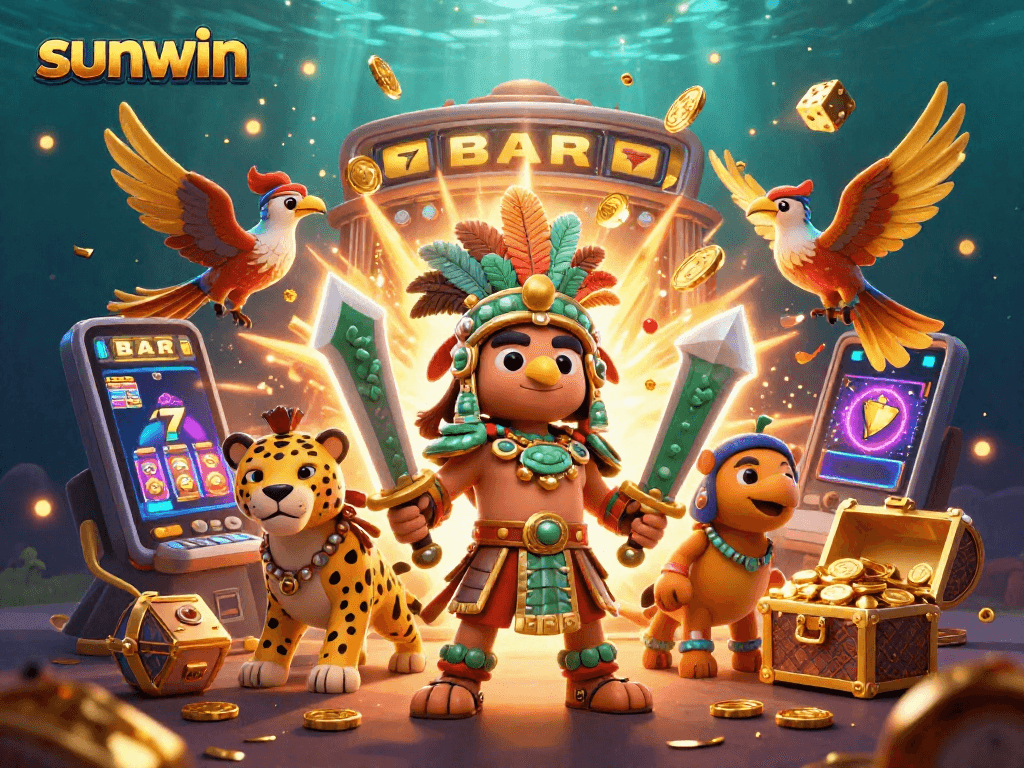 Experience thrilling jackpots with Sunwin's vibrant 3D illustration showcasing excitement in online casino gaming.