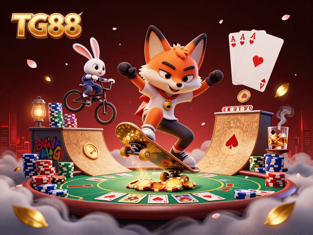 See TG88 in action with a skateboarder fox and BMX rabbit illustrating fun casino themes.