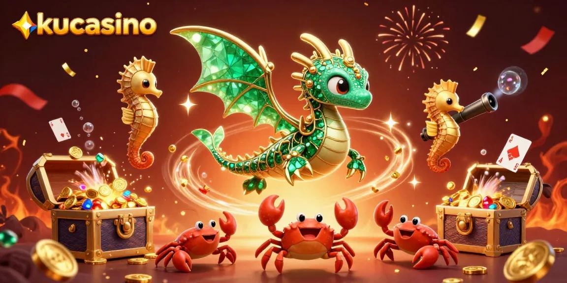 Kucasino's magical underwater scene features an emerald sea dragon guarding treasures and casino elements.