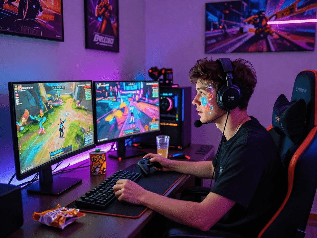 Player enjoying thrilling porno games on a vibrant gaming setup, immersed in adult interactive gameplay.