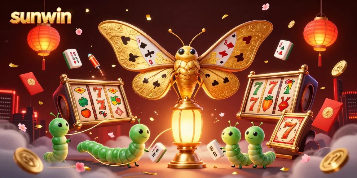 Sunwin's dynamic online casino scene showcases vibrant slots elements and a majestic moth.
