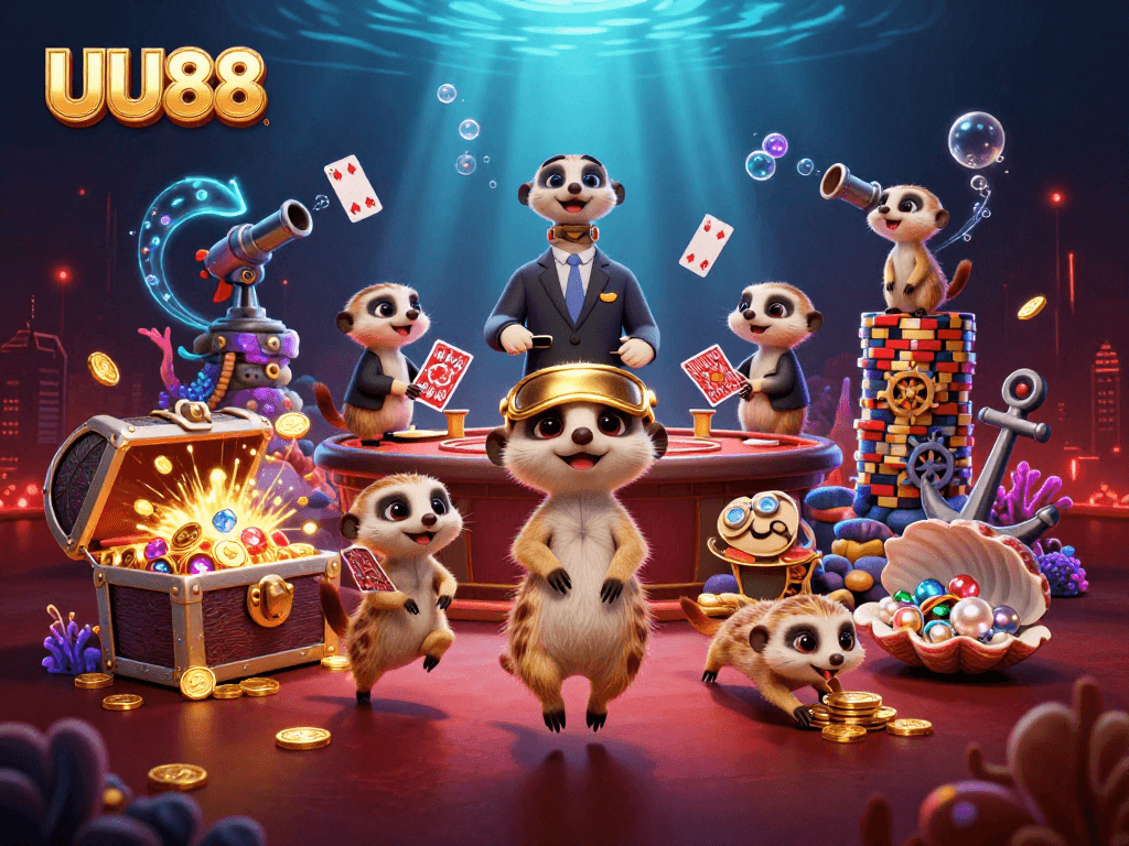 UU88 meerkats managing a vibrant casino scene filled with treasures and card games.