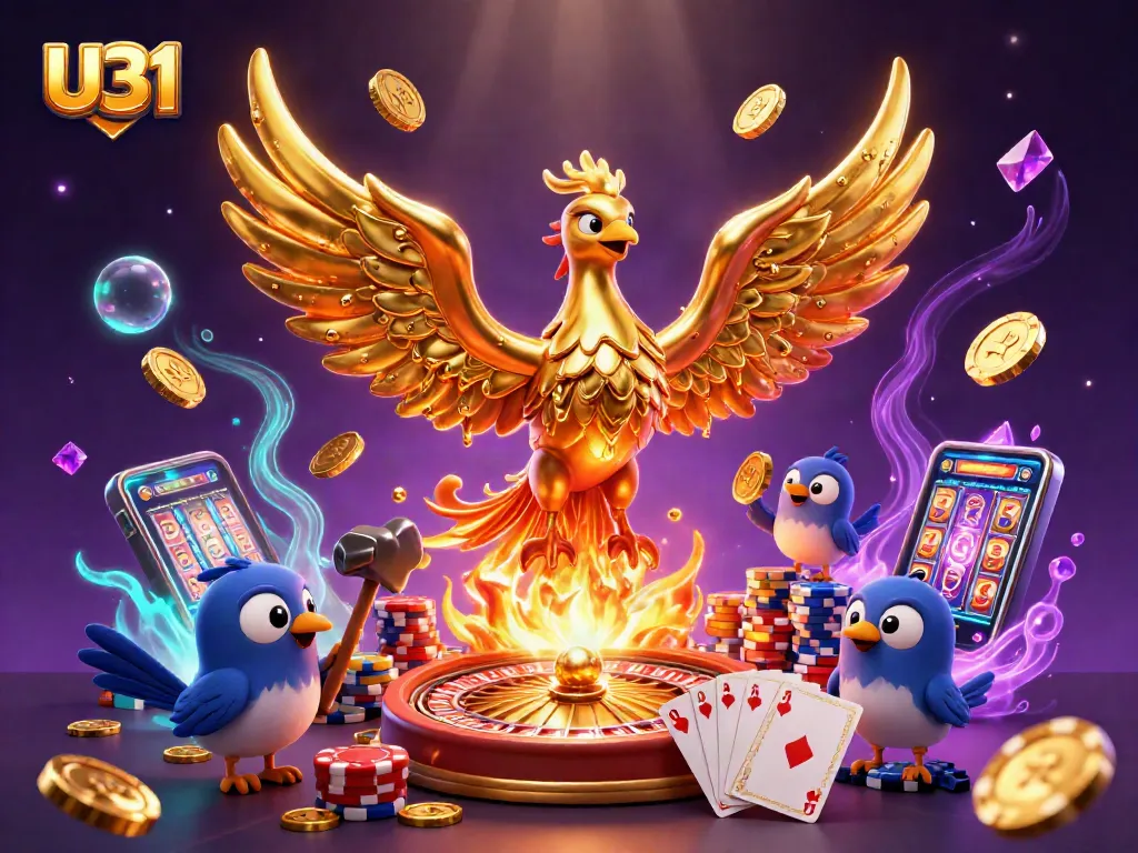 Experience the thrill of gaming with U31's captivating golden phoenix and vibrant casino elements.