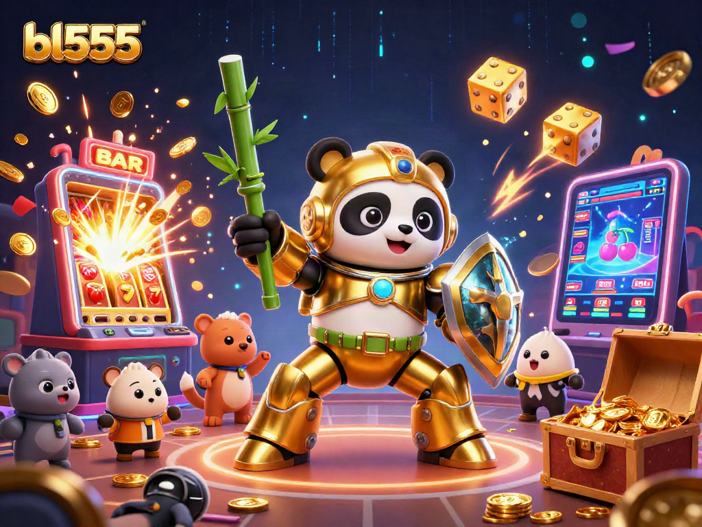 Experience thrilling gameplay at bl555 with animated panda in gold mech suit amidst a vibrant slots arena.