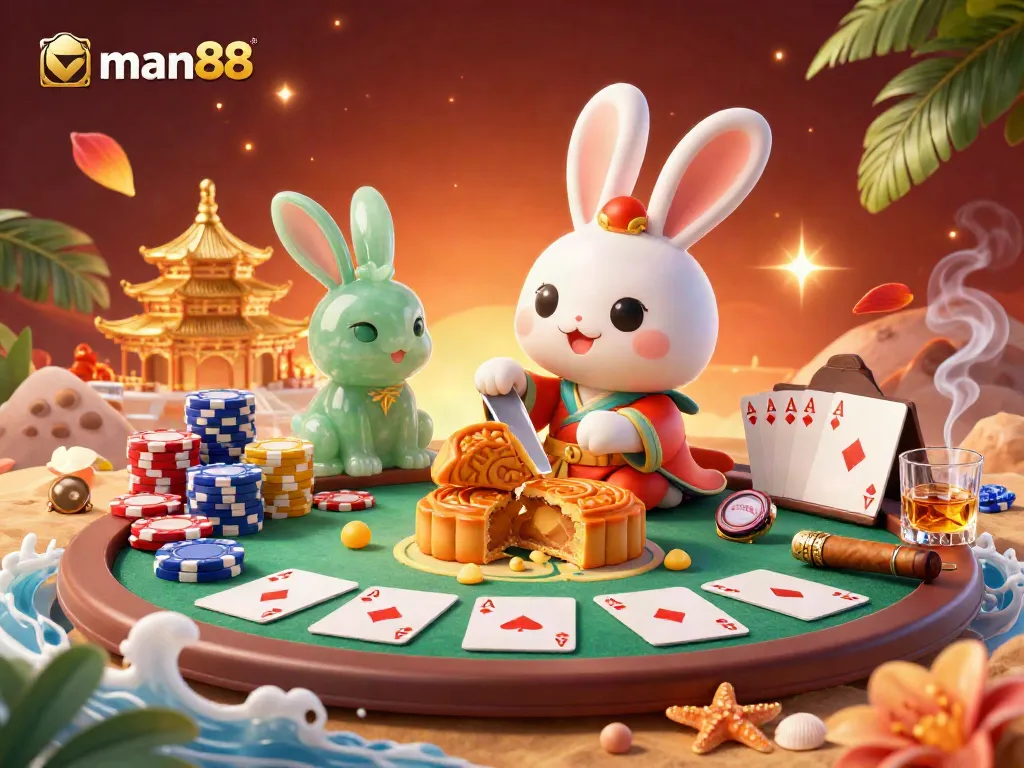 Experience the vibrant man88 casino atmosphere with themed poker elements featuring a moon rabbit and golden palace.