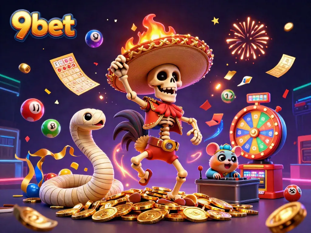 Experience the excitement of 9bet with a lively 3D illustration of a mariachi rooster celebrating on golden coins among casino games.