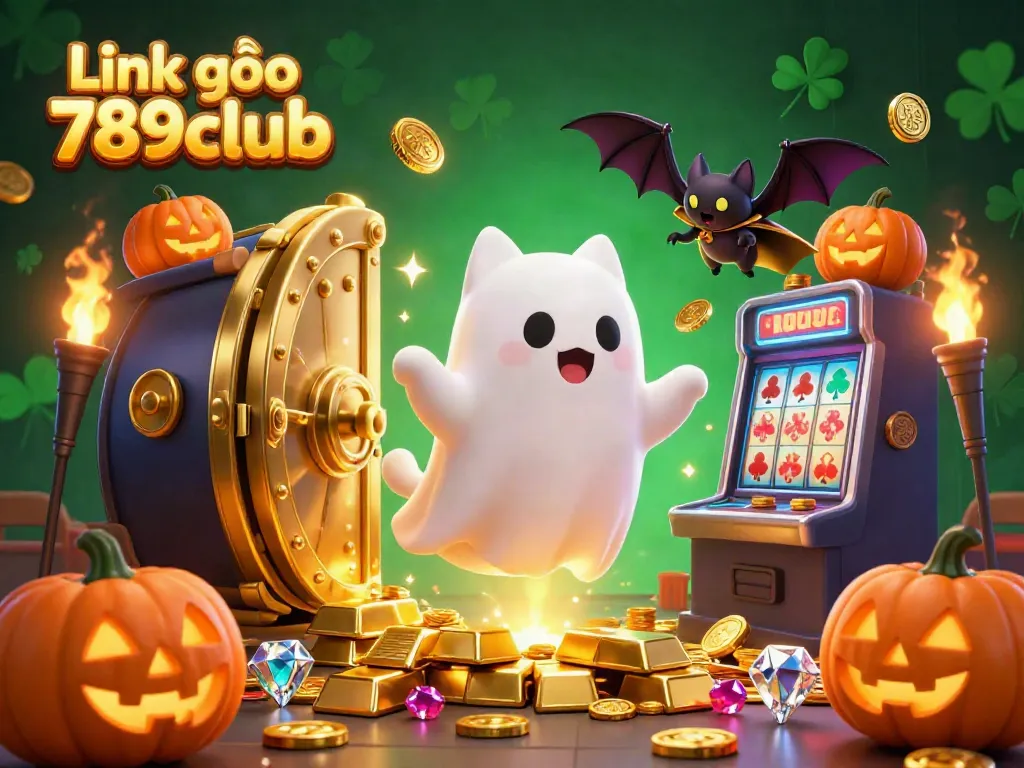 Experience thrilling play at Link vào 789club with a vibrant casino scene featuring a ghost cat and golden treasures.