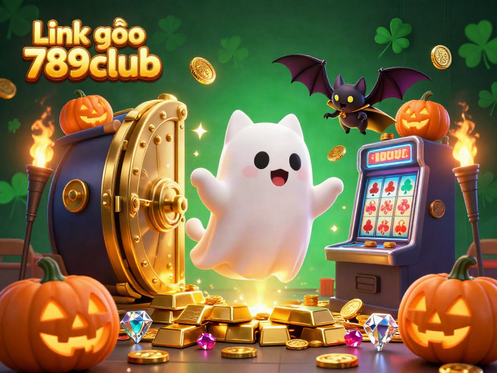 Experience thrilling play at Link vào 789club with a vibrant casino scene featuring a ghost cat and golden treasures.