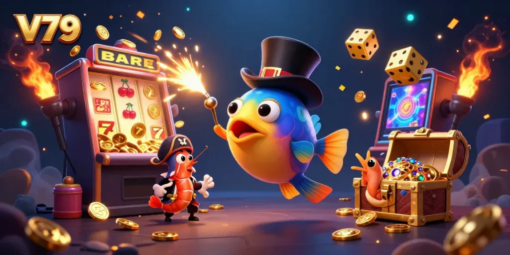 Experience thrilling wins with V79's dynamic illustration of a cartoon anglerfish and pirate shrimp in a vibrant casino scene.
