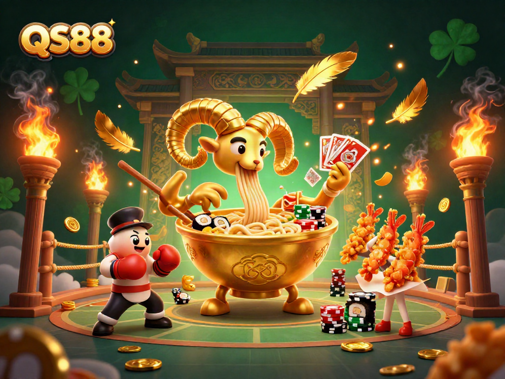 Experience the thrilling atmosphere of QS88 with a vibrant 3D illustration of a cartoon casino scene featuring unique characters.