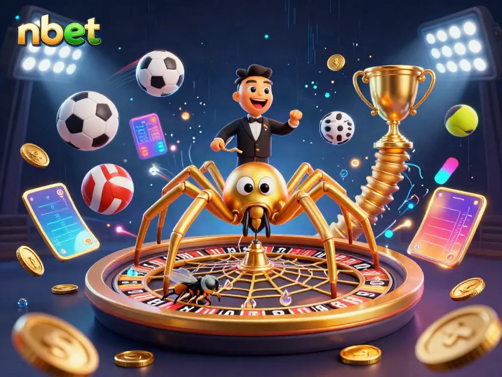 Bet on nbet with a golden web roulette, lively sports elements, and a vibrant casino atmosphere.