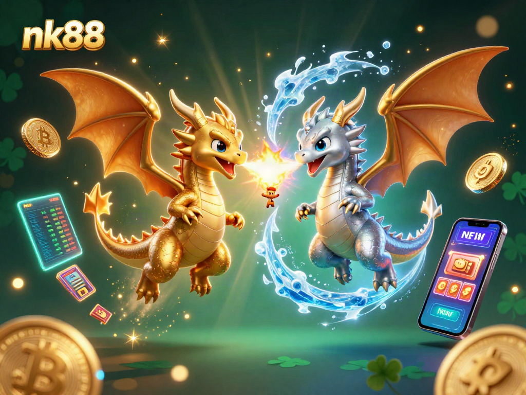 Experience thrilling gameplay with nk88's dynamic slot illustration featuring mythical dragons and crypto elements.