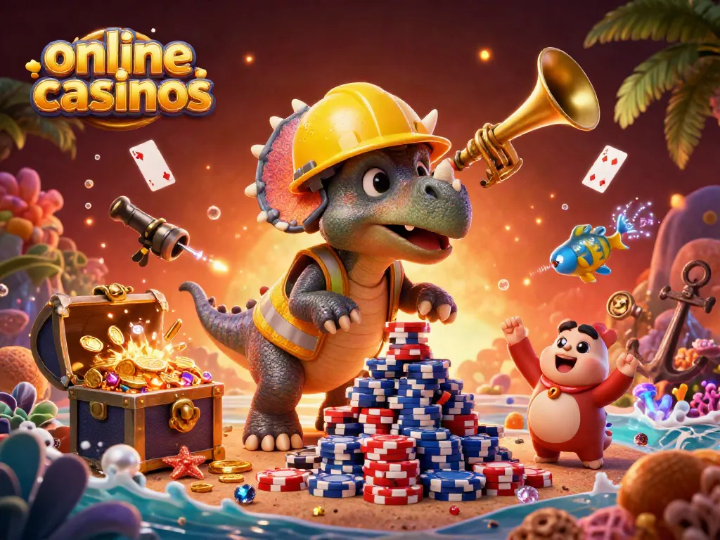 Join the fun at online casinos as a triceratops builds poker chips amidst celebrating dinosaurs.