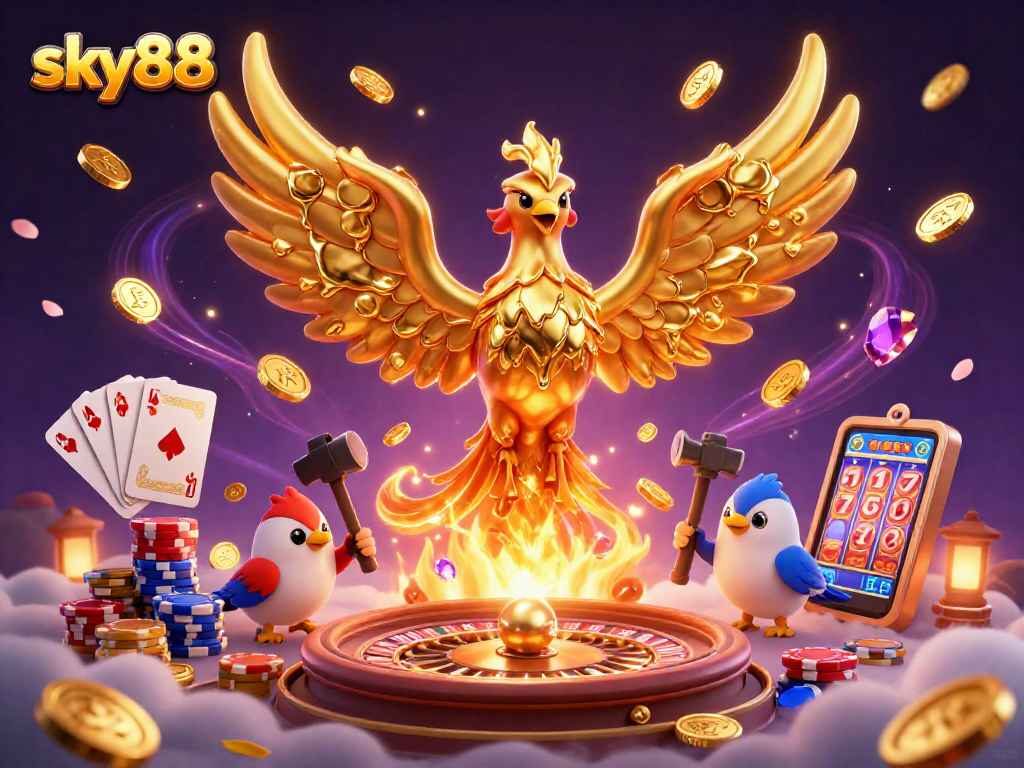 Experience exhilarating gaming moments at sky88 with a 3D casino-themed golden phoenix and dynamic elements.