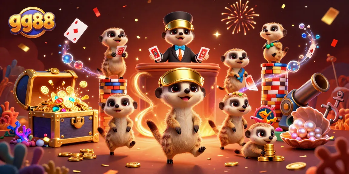 gg88 meerkats managing an exciting casino scene bursting with treasure and festive energy