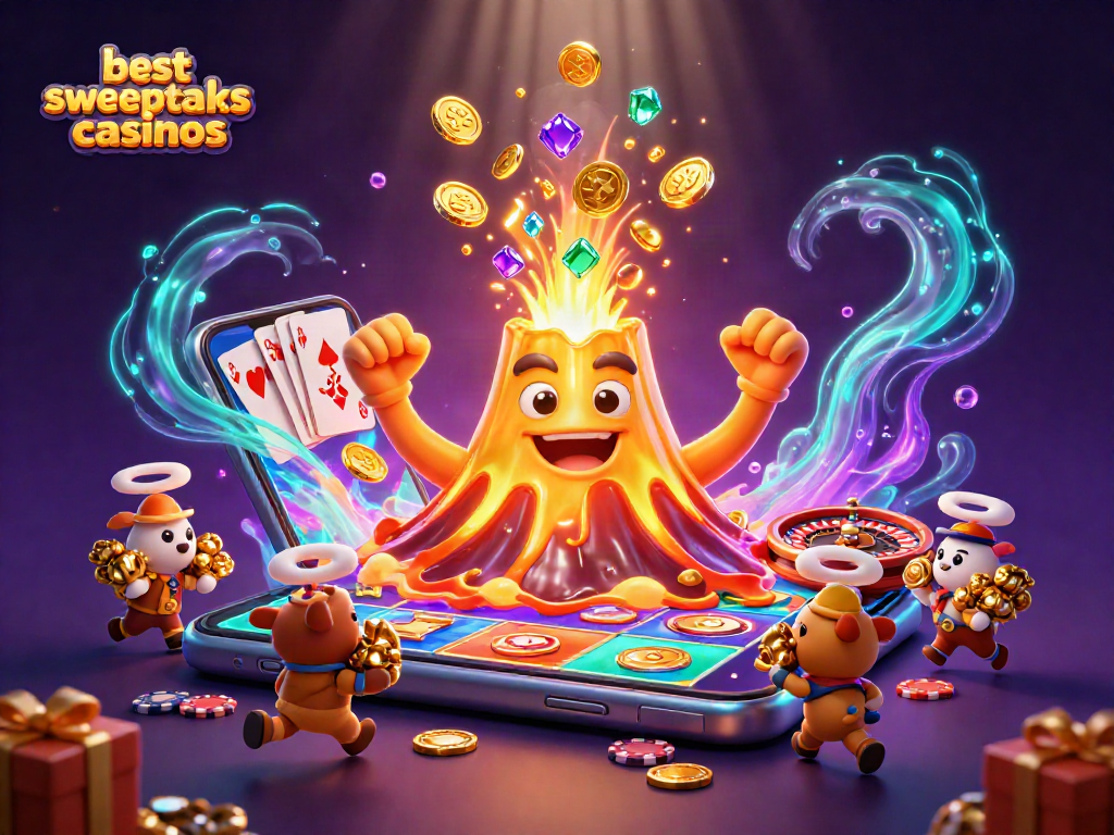 Experience the excitement of the best sweepstakes casinos with a vibrant 3D eruption of golden coins and slot games.