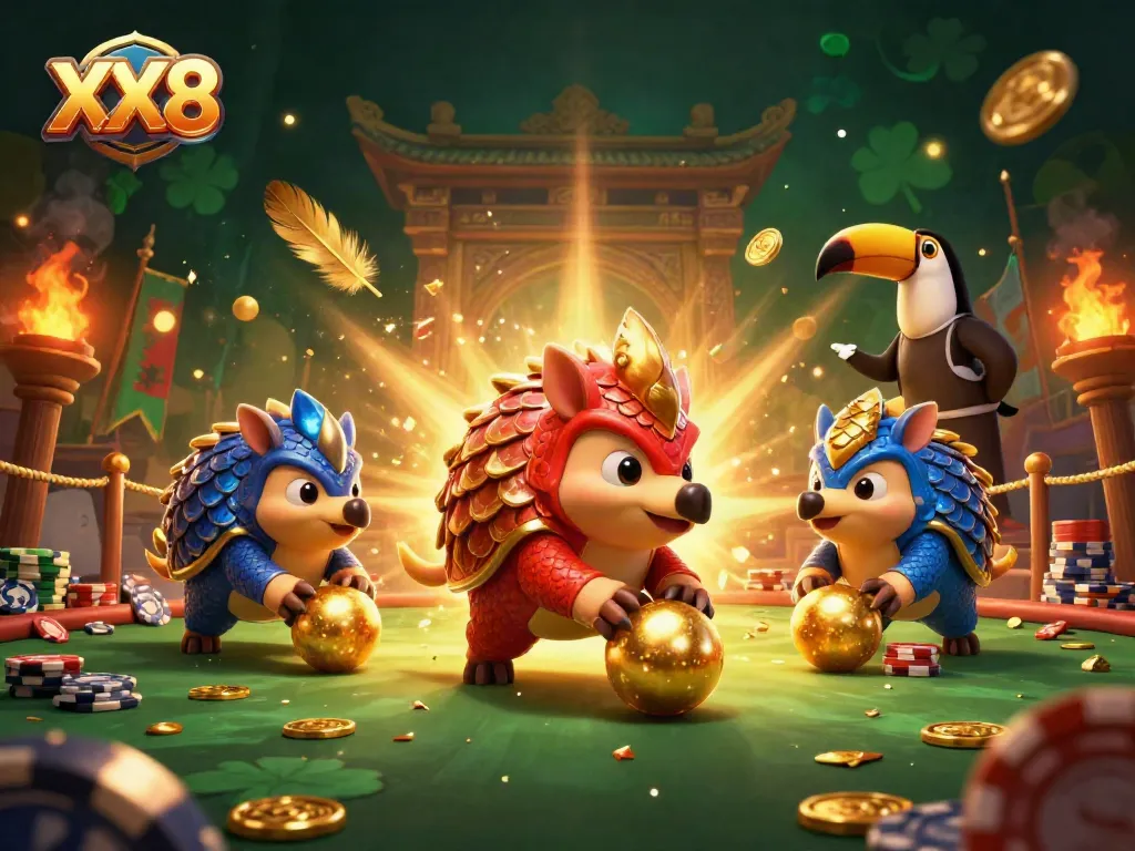 XX8 pangolins interact in a vibrant casino scene with poker chips and golden elements
