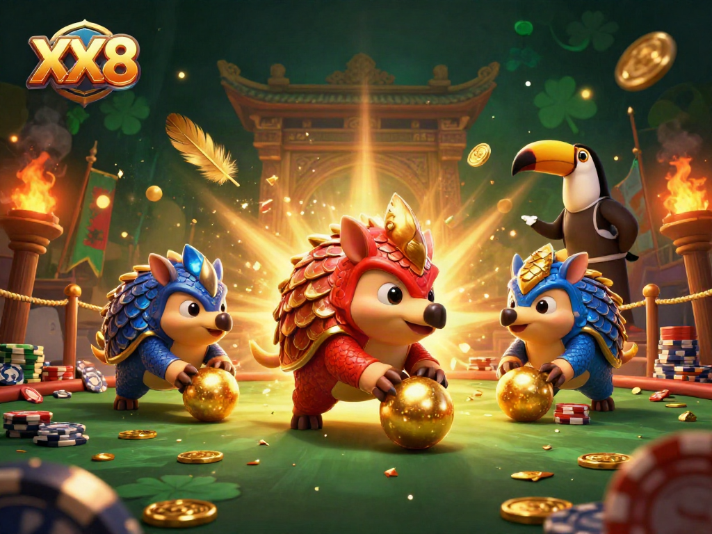 XX8 pangolins interact in a vibrant casino scene with poker chips and golden elements