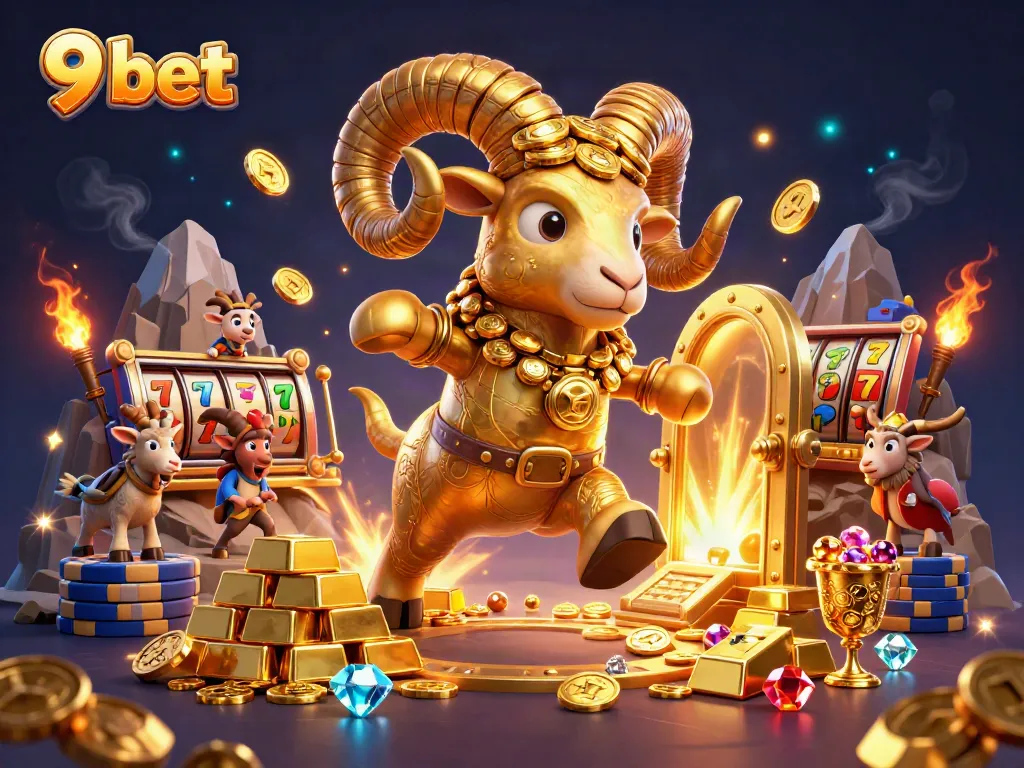 Experience thrilling action with 9 bet's golden ram character charging through an abundant treasure scene.