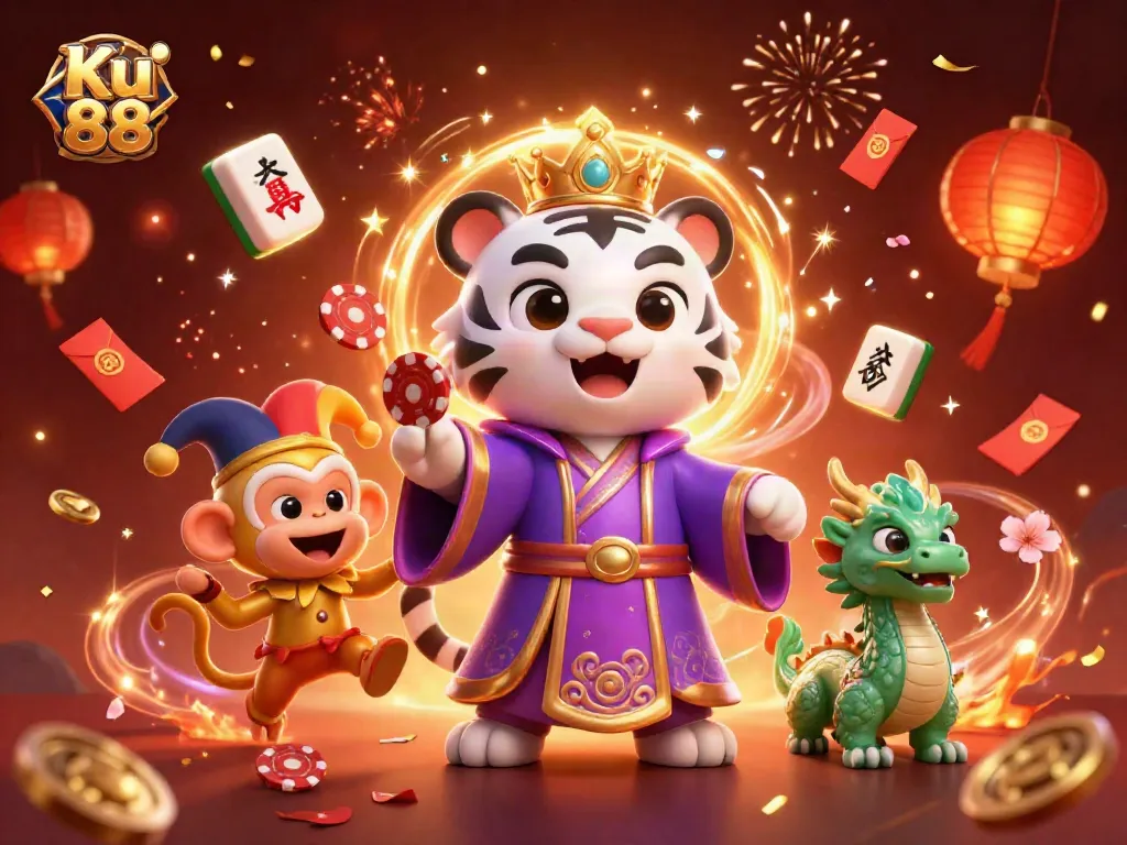 Engage with Ku 88 through an energetic casino scene featuring vibrant characters and dynamic game elements.