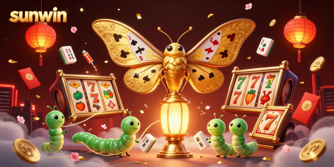 Sunwin's dynamic online casino scene showcases vibrant slots elements and a majestic moth.