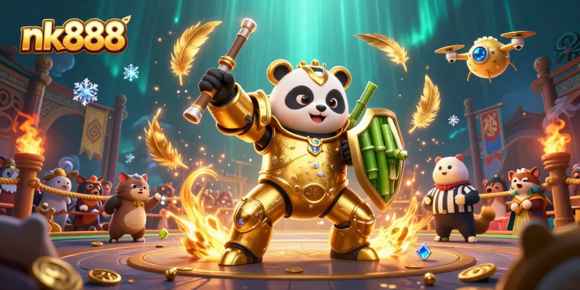 Witness nk888 golden panda in a mech-suit battling in a vibrant casino arena filled with cheering fans.
