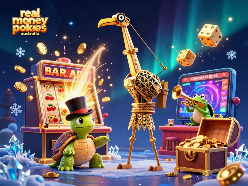 Experience real money pokies Australia amid vibrant slot machines and animated characters in casino scene.