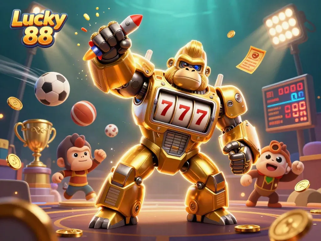 Experience thrilling wins with Lucky 88 featuring a dynamic scene with a golden gorilla mech and sports elements.