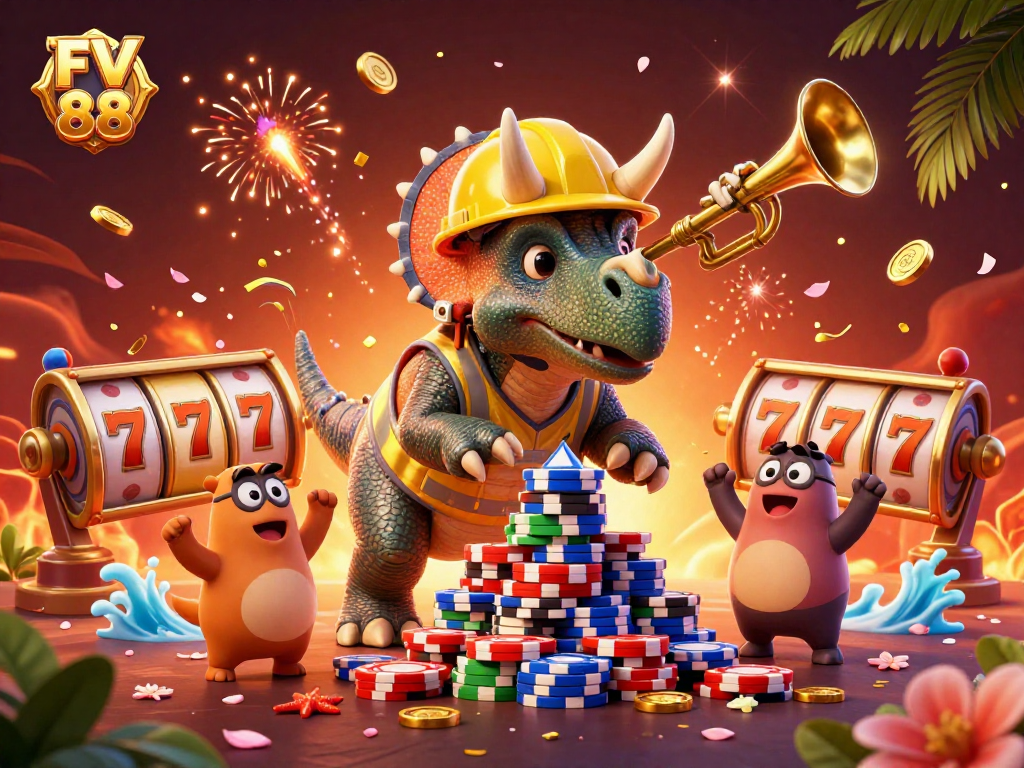 Celebrate winning with FV 88's colorful 3D casino scene featuring lively cartoon characters and vibrant slot action.