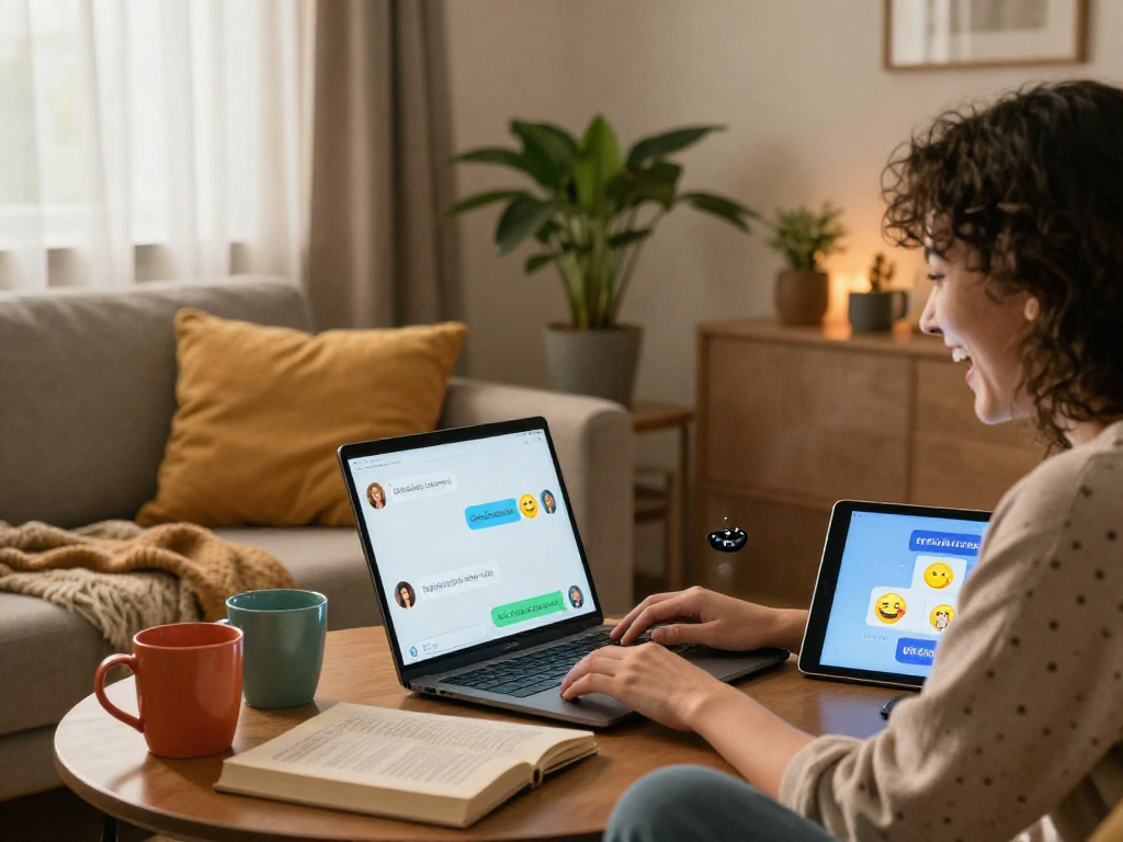 Experience engaging sex ai chat in a cozy home setting with digital interaction.