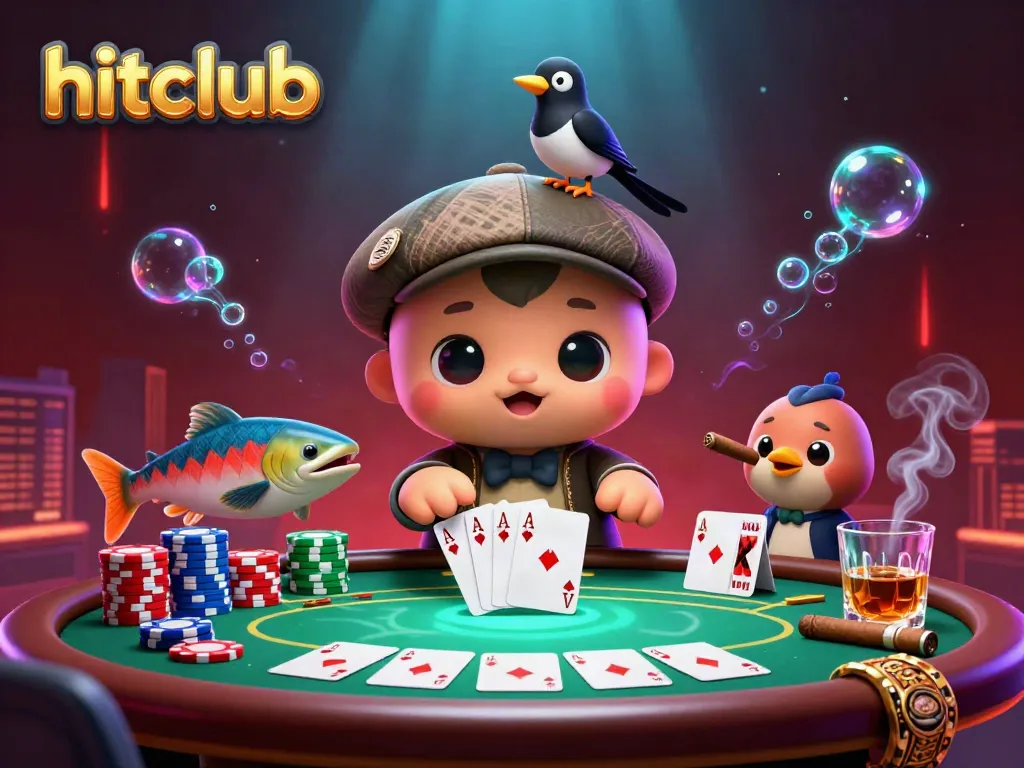 Experience the thrill of hitclub as cartoon characters enjoy an exciting poker game with vibrant elements.