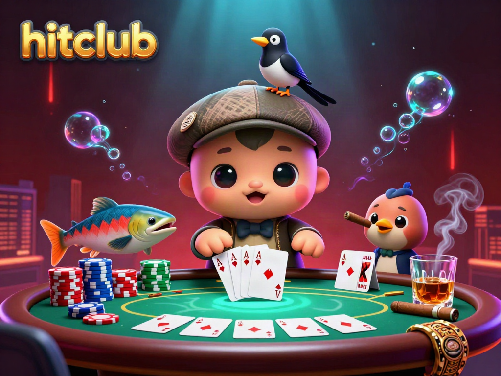 Experience the thrill of hitclub as cartoon characters enjoy an exciting poker game with vibrant elements.