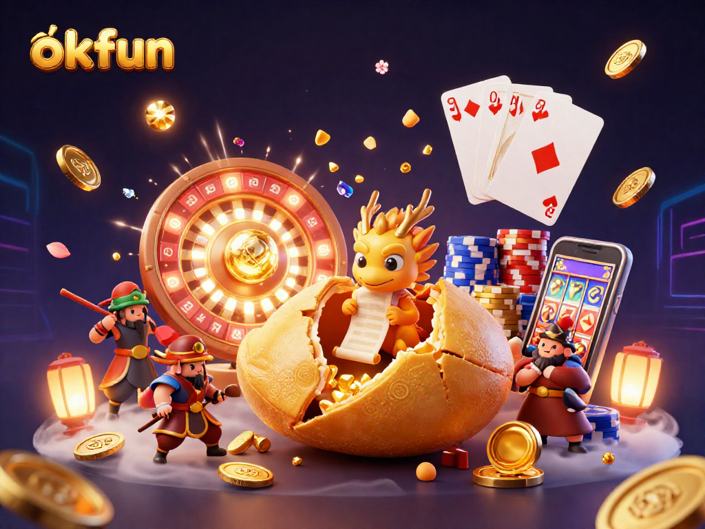 Experience big wins at okfun with a dynamic illustration of a golden fortune cookie scene rich in casino elements.