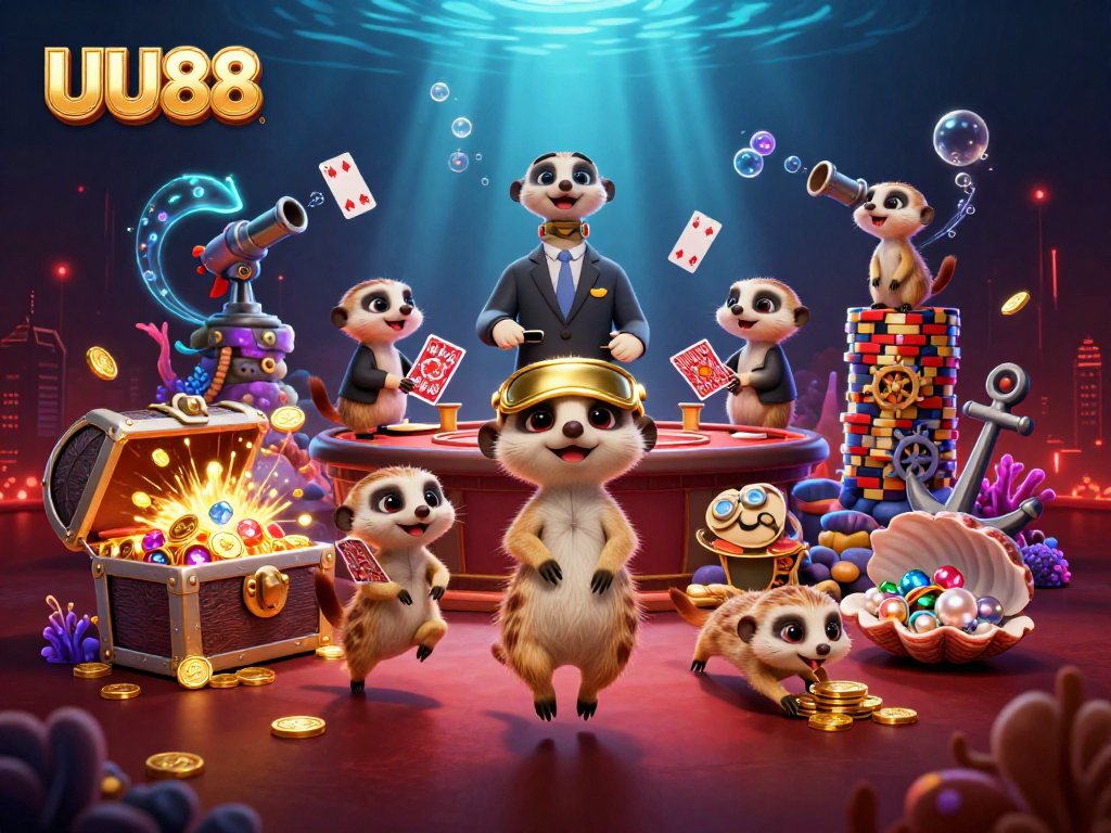 UU88 meerkats managing a vibrant casino scene filled with treasures and card games.