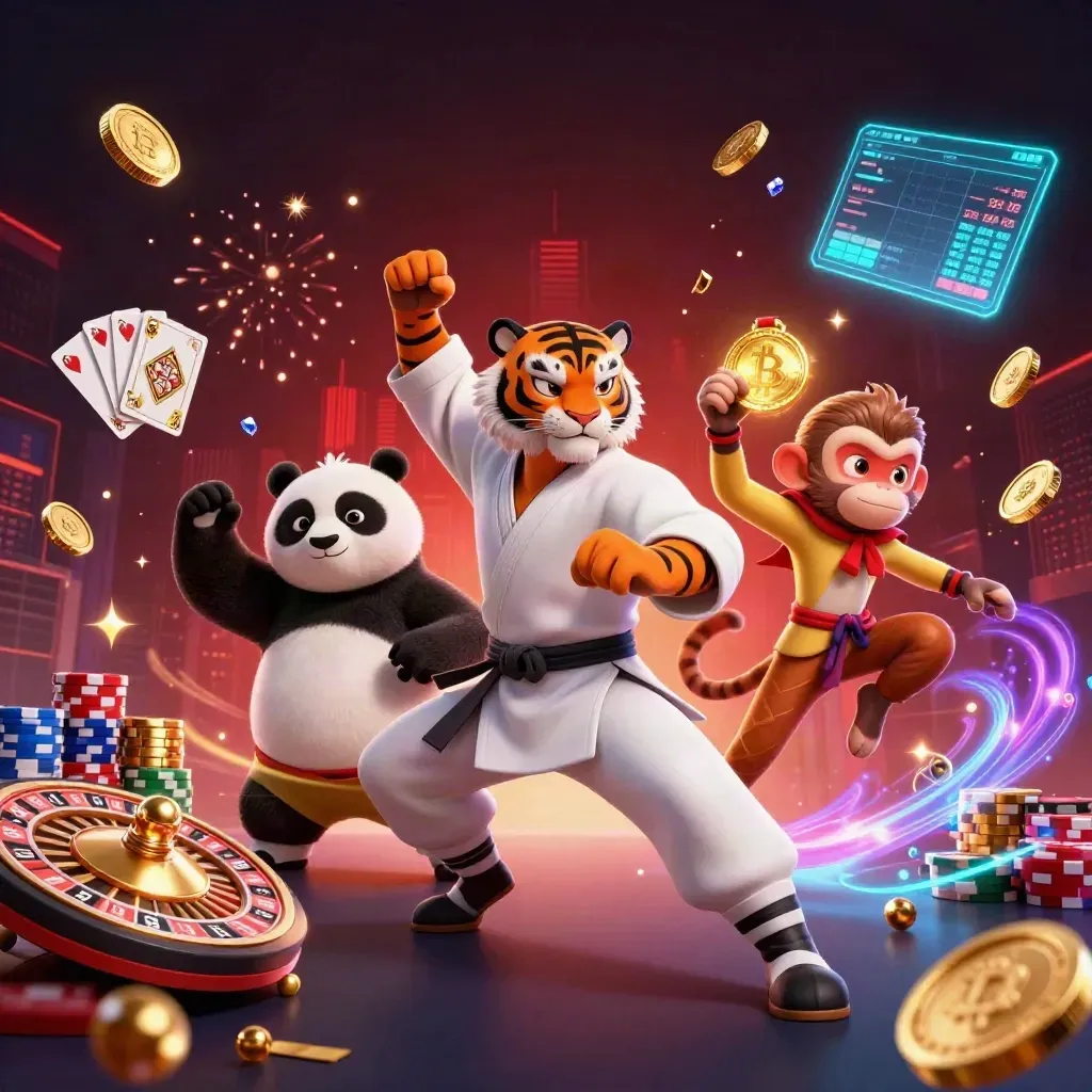 Kung-fu tiger, panda, and monkey amid casino coins, roulette wheel, and neon crypto glow.
