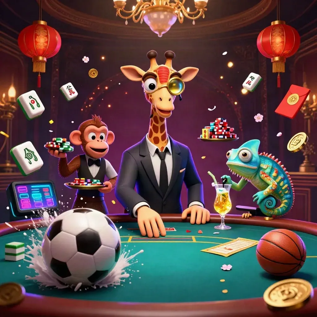 Giraffe, monkey, and chameleon at a VIP table with sports balls, chips, lanterns, and neon casino glow.