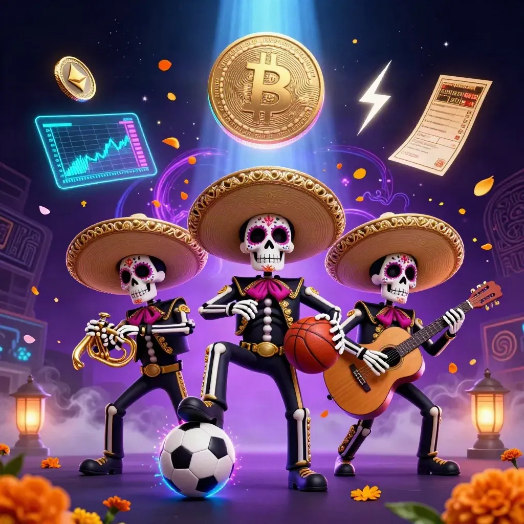 Skeleton mariachi trio kick a neon soccer ball amid crypto coins, petals, and violet arena light.