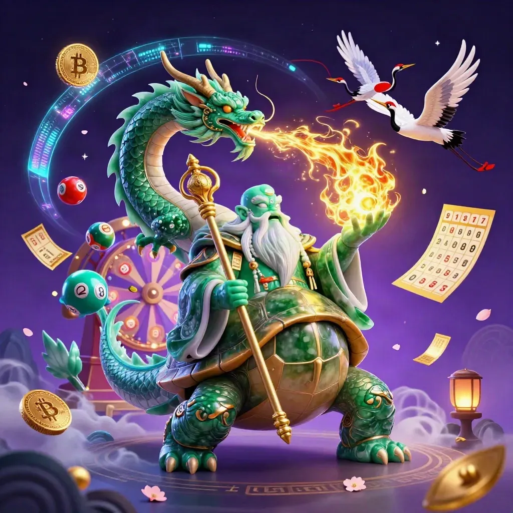 Jade dragon, turtle sage, and cranes amid casino magic, coins, and neon energy.