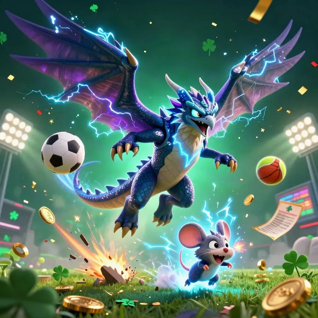Thunder dragon, wind hawk, and crackling mouse amid flying balls, coins, sparks, and neon casino energy.