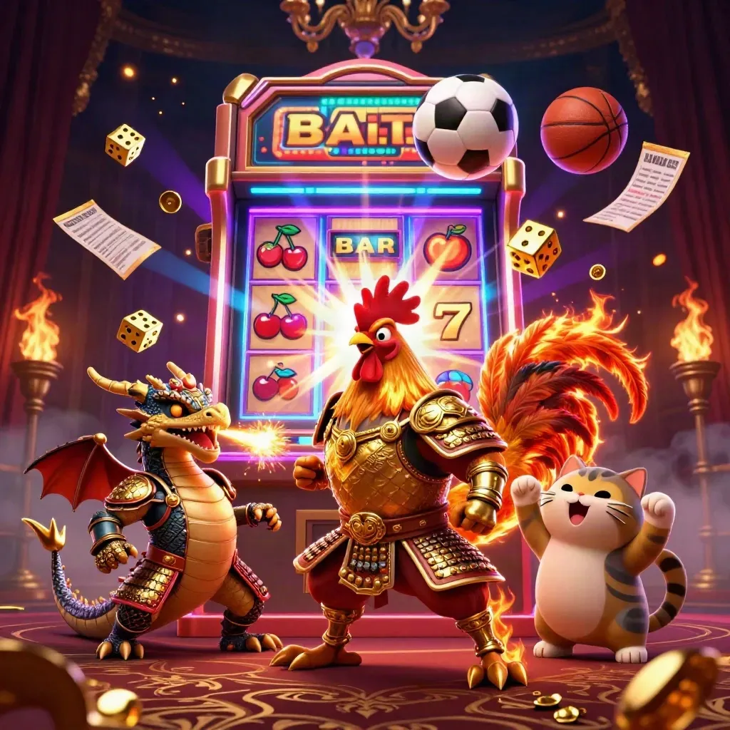Ground-level cartoon rooster warrior, dragon hatchling, and fortune cat amid exploding slot symbols and gold.