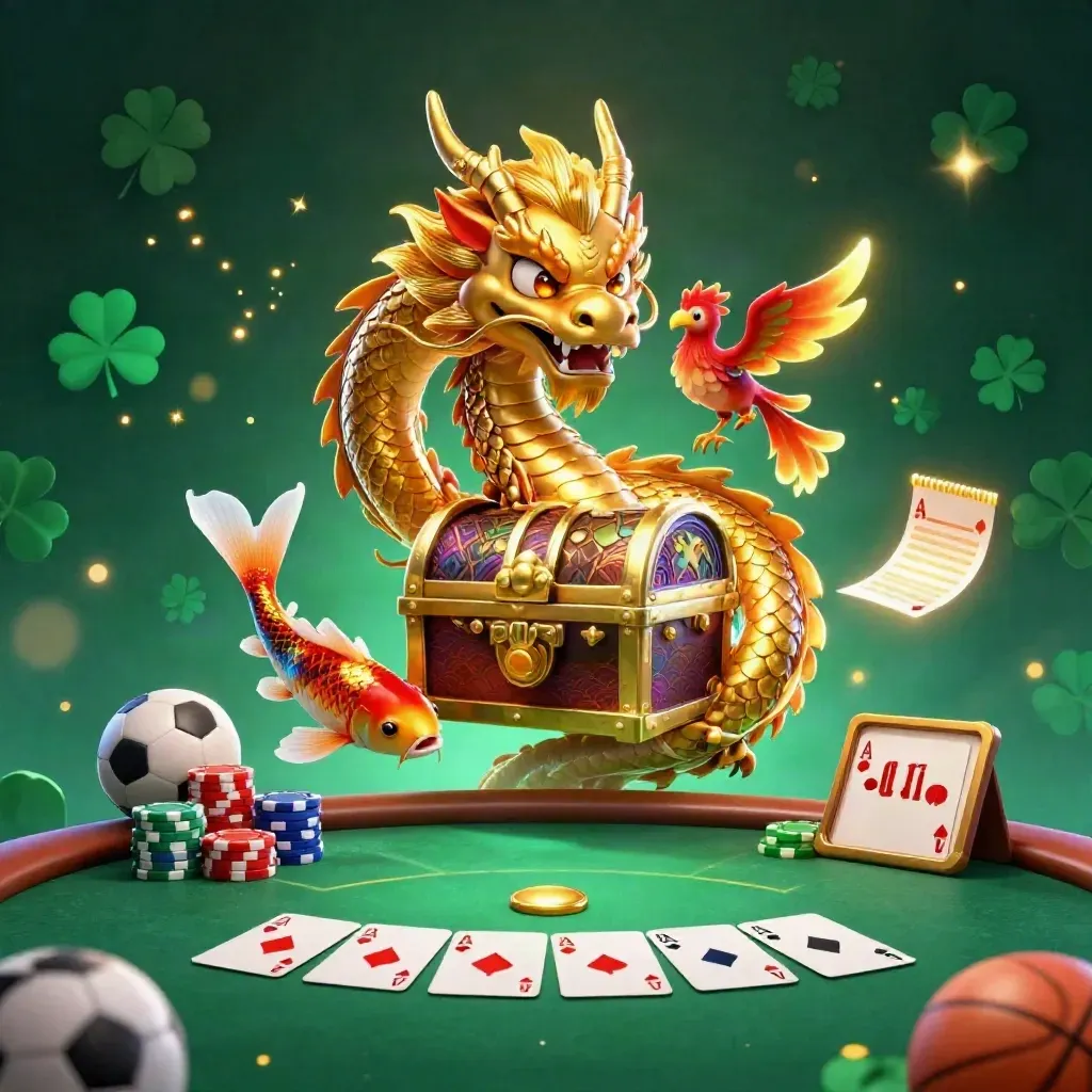 Golden dragon and phoenix with chips, aces, soccer ball, and basketball in neon casino glow.