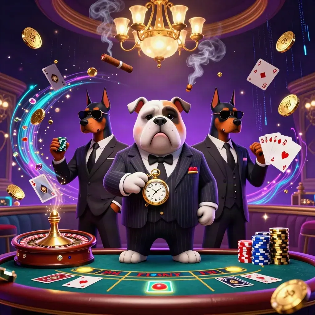Mafia-boss bulldog with Dobermans in a neon casino room with coins, gems, and a spinning wheel.