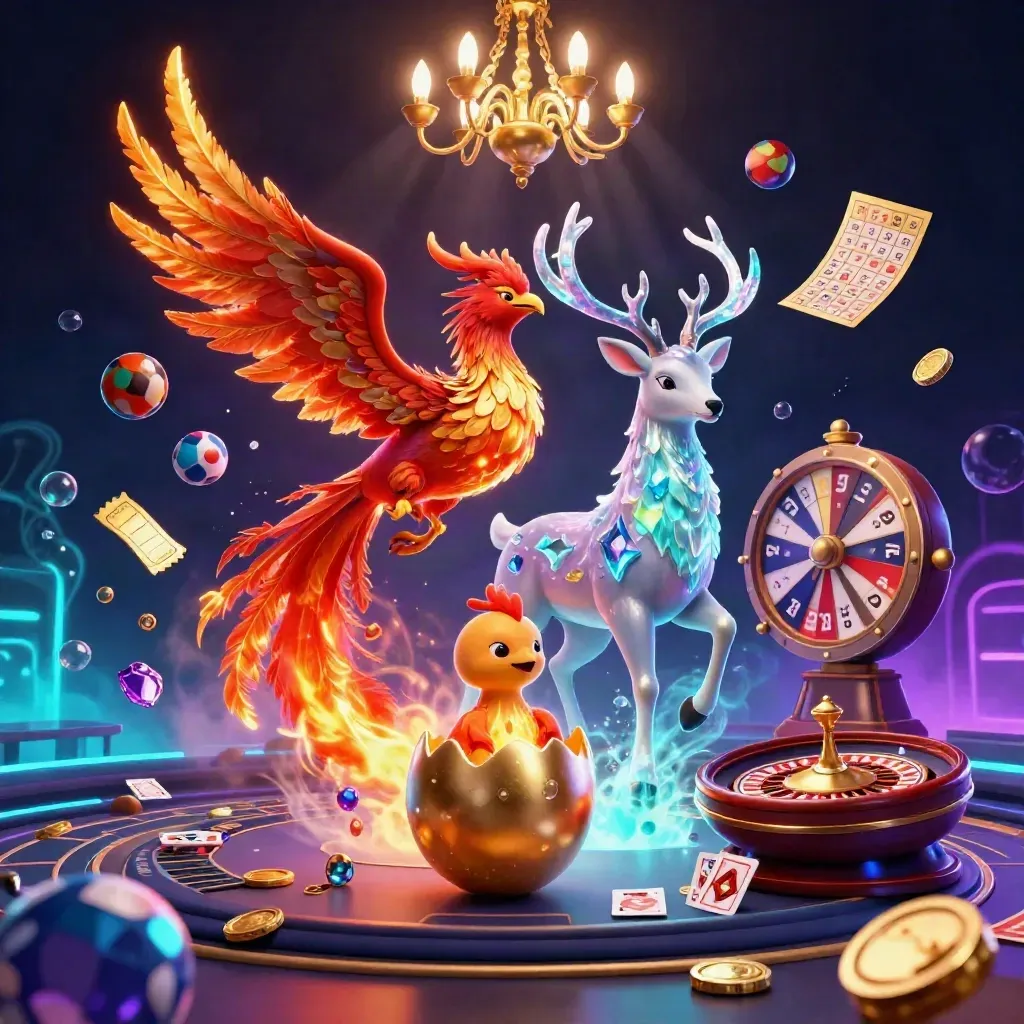 Phoenix, stag, and casino game elements glowing in a neon indigo key-art scene.