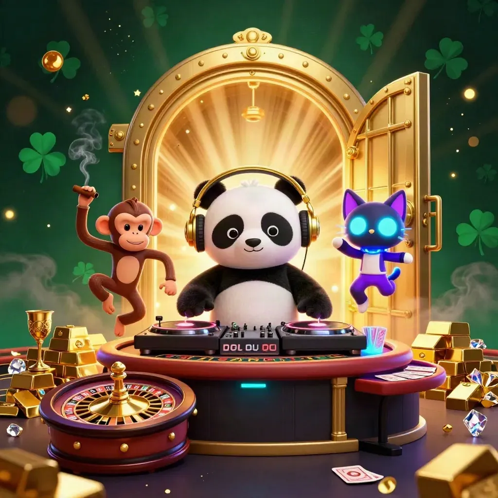 DJ panda, breakdancing monkey, and glow-stick kitten amid casino gold, gems, and vault light
