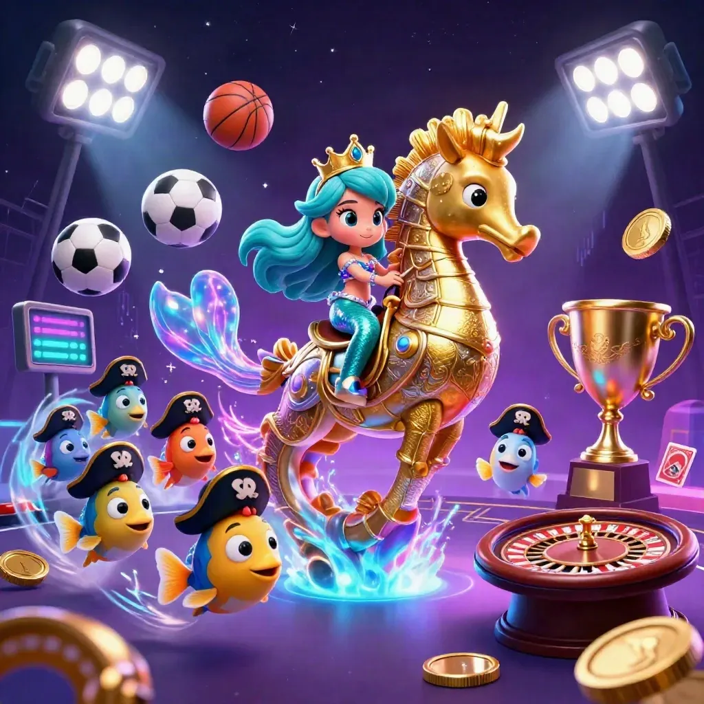 Mermaid princess on a golden seahorse amid sports balls, coins, and neon casino glow.