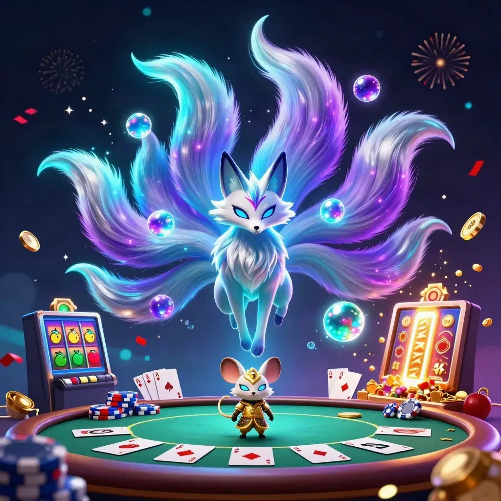 Fox spirit and samurai mouse amid casino magic, chips, cards, and glowing neon energy.