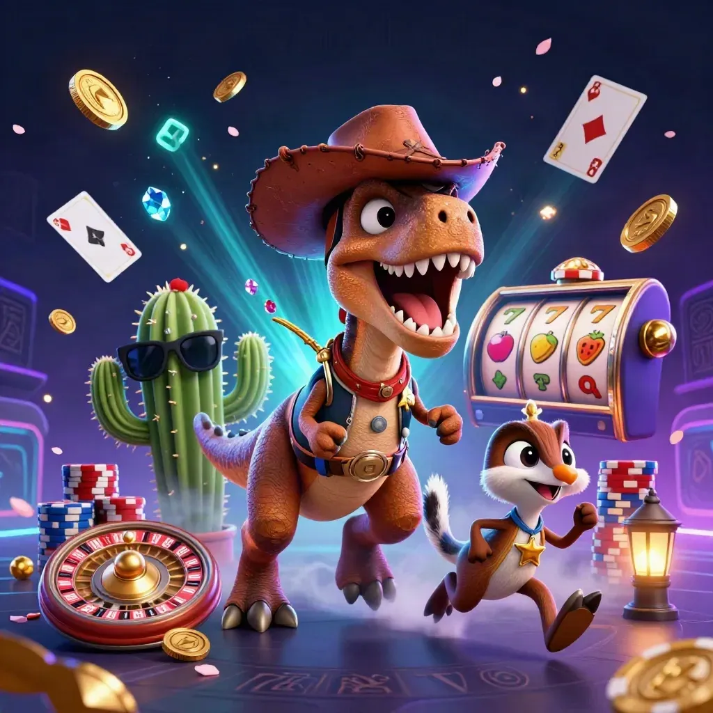 Cowboy T-Rex, cactus sidekick, and roadrunner burst through neon coins, gems, chips, and casino magic.