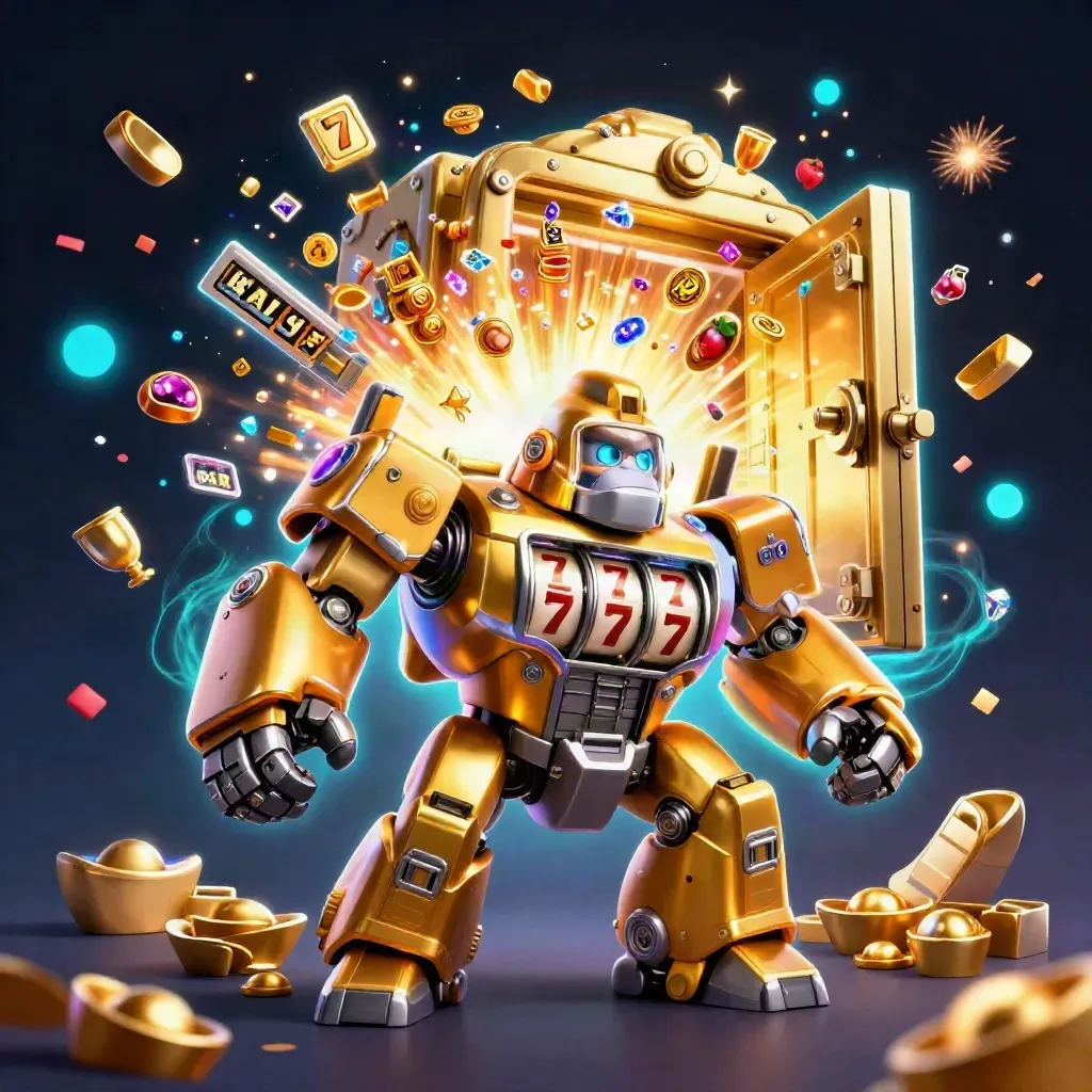 Golden gorilla mech and monkey pilot bursting from a vault with neon cyan casino glow.