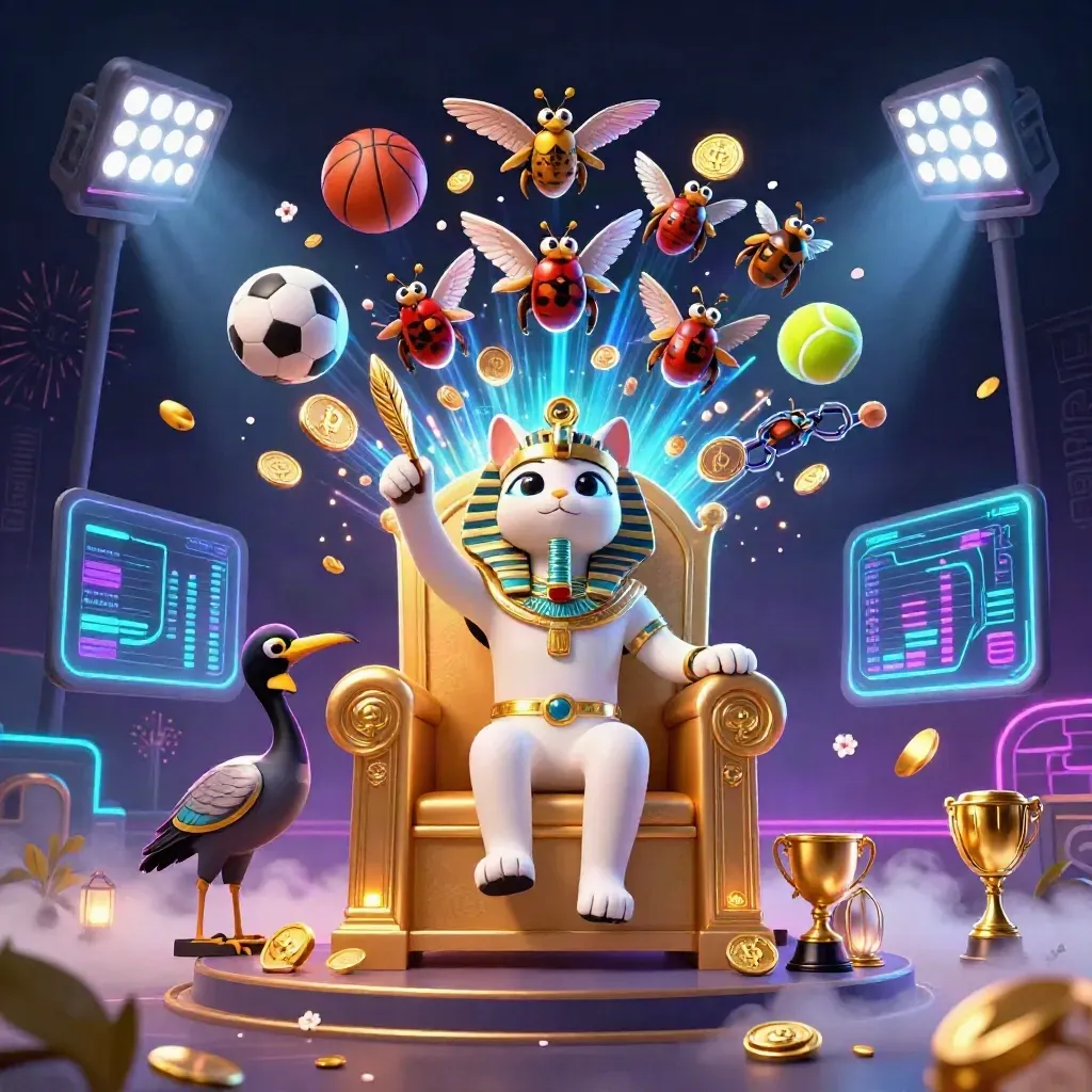 Pharaoh cat on throne with ibis, scarabs, coins, sports balls, crypto glow, and fireworks.